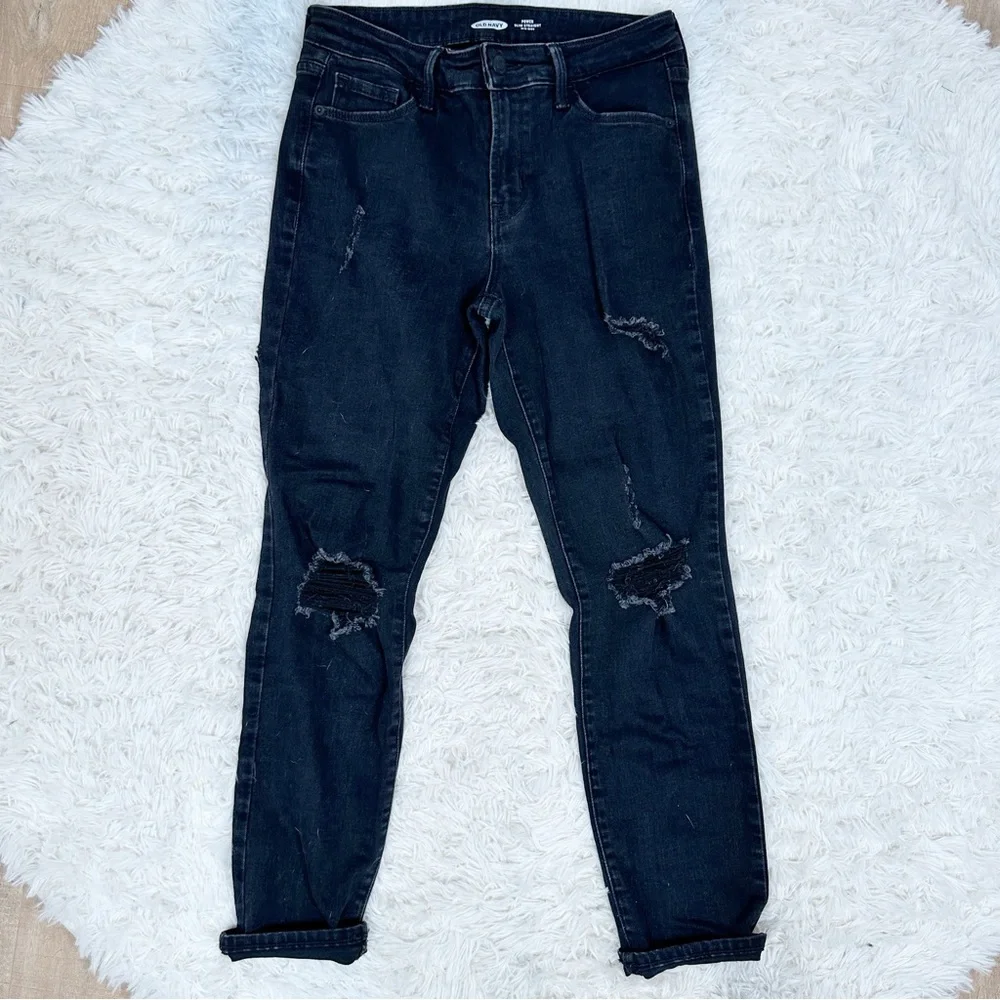 Old Navy Power Slim Straight Jeans 6 Short Black Distressed Mid Rise